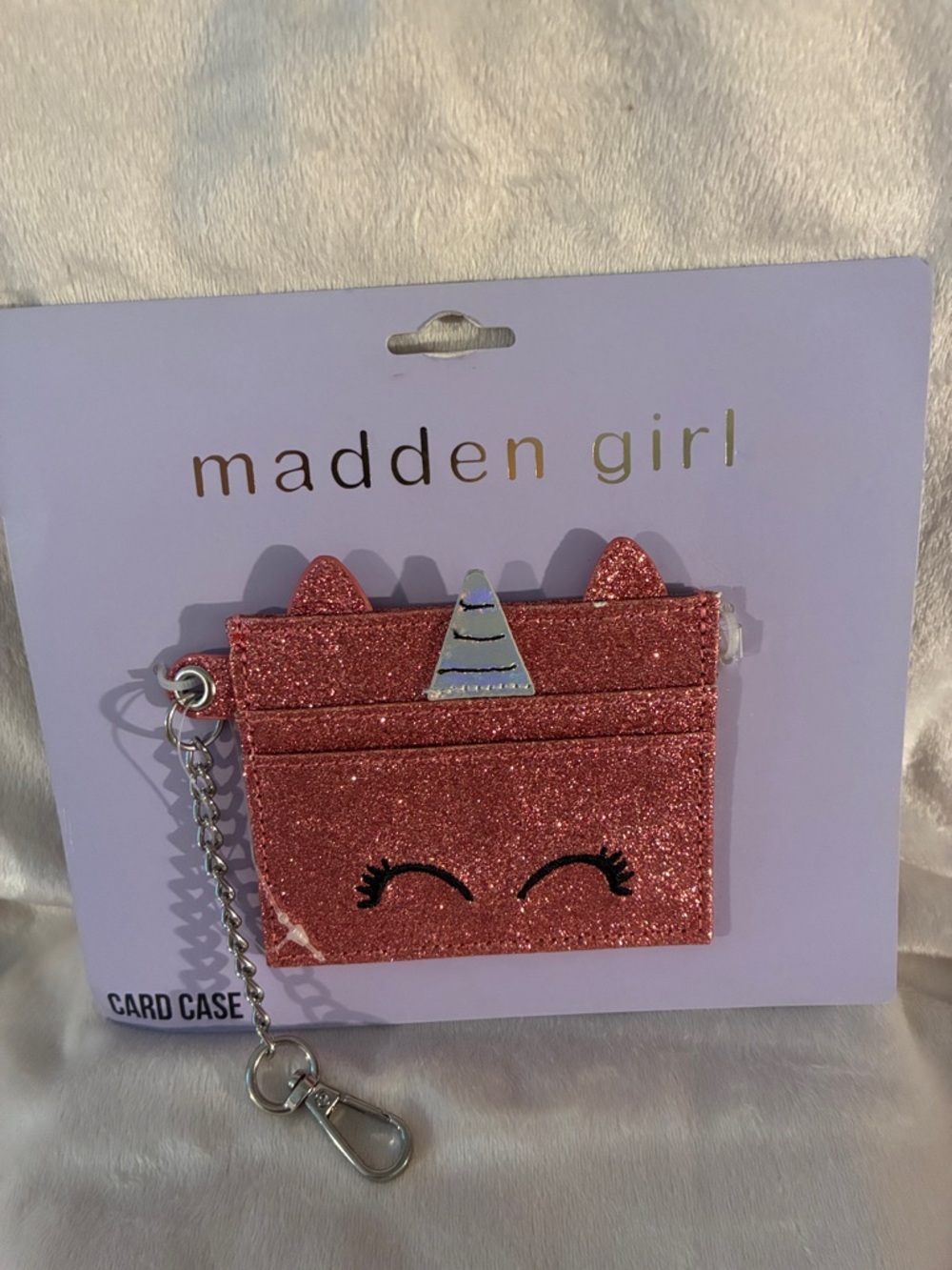 Madden Girl Pink Glitter Unicorn Card Case with Keychain Clip